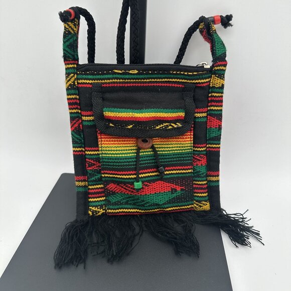 Handwoven Rasta Inspired Mini Messenger Bag With Fringe & Zipper Closure - Picture 3 of 5